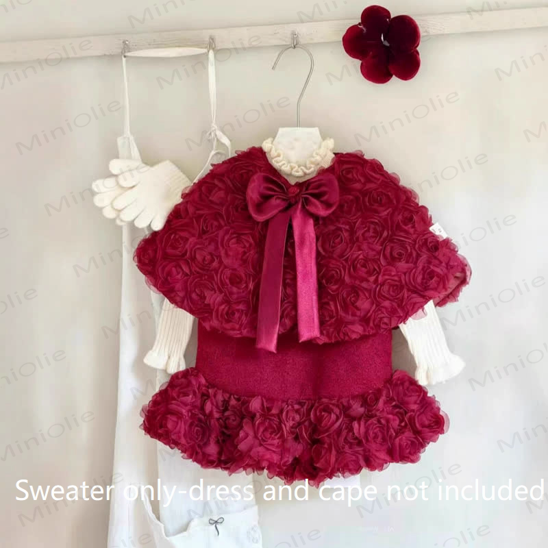 Toddler Girl Red Flower Sleeveless Dress/Red Flower Bow Cloak - Beige Sweater - 8Y - image 2
