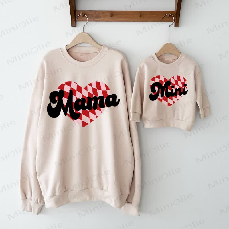 MAMA/MINI Baby Heart Plaid Pattern Beige Family Sweatshirt - Beige - Adult Sweatshirt: XL - image 1