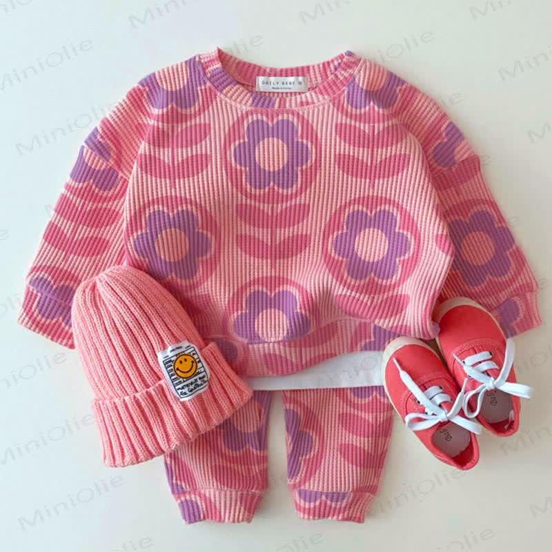 Baby Waffle Purple Pink Flowers Sweatshirt 2-piece Set - Pink - 18-24M - image 1