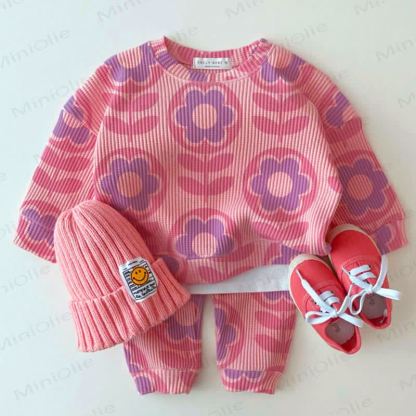 Baby Waffle Purple Pink Flowers Sweatshirt 2-piece Set - Pink - 18-24M - image 1
