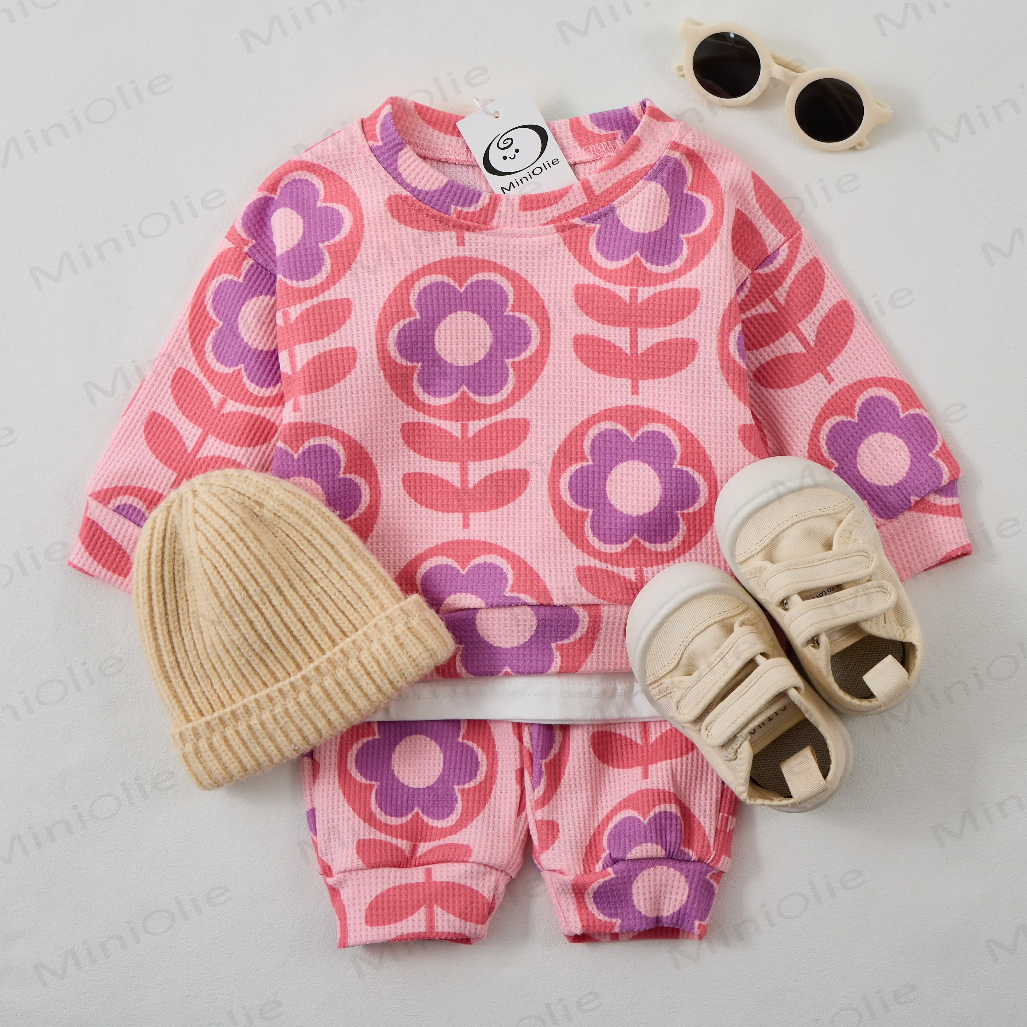 Baby Waffle Purple Pink Flowers Sweatshirt 2-piece Set - image 2