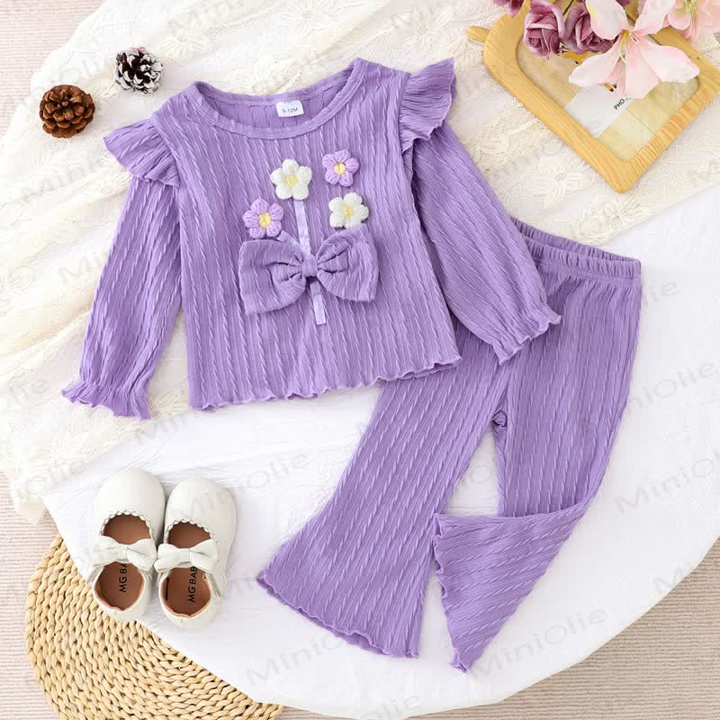 Baby Girl Knit Flower Bow Flying Sleeves Top & Bell Pants - Purple - 2-3Y - image 1