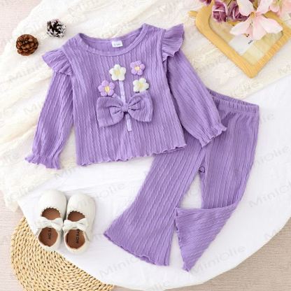 Baby Girl Knit Flower Bow Flying Sleeves Top & Bell Pants - Purple - 2-3Y - image 1