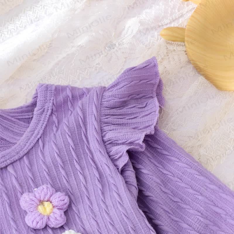Baby Girl Knit Flower Bow Flying Sleeves Top & Bell Pants - image 4