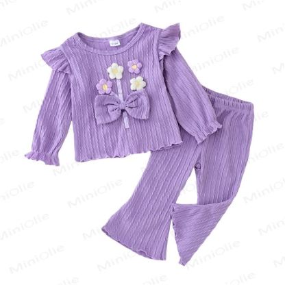Baby Girl Knit Flower Bow Flying Sleeves Top & Bell Pants - image 2