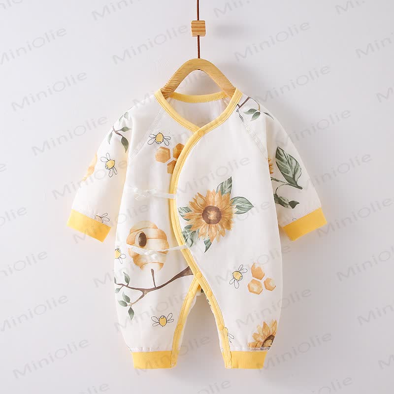 Baby Honey Flower Print Warm Pajamas Romper - Yellow - 3-6M - image 1