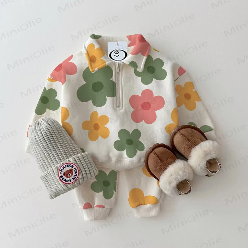  Baby Toddler Beige Floral Lapel 2-piece Set - Beige - 3-5T - image 1
