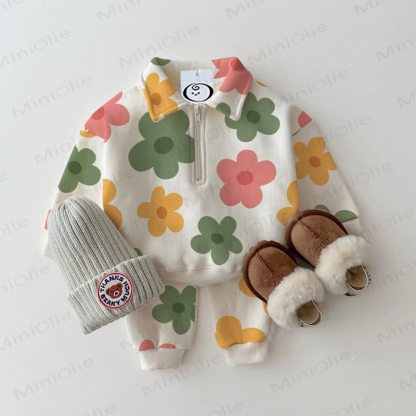  Baby Toddler Beige Floral Lapel 2-piece Set - Beige - 3-5T - image 1