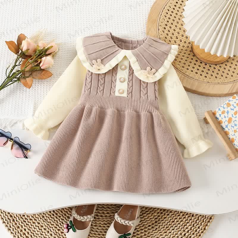 Toddler Girl Flower Lapel Knit Dress - Camel - 8Y - image 4