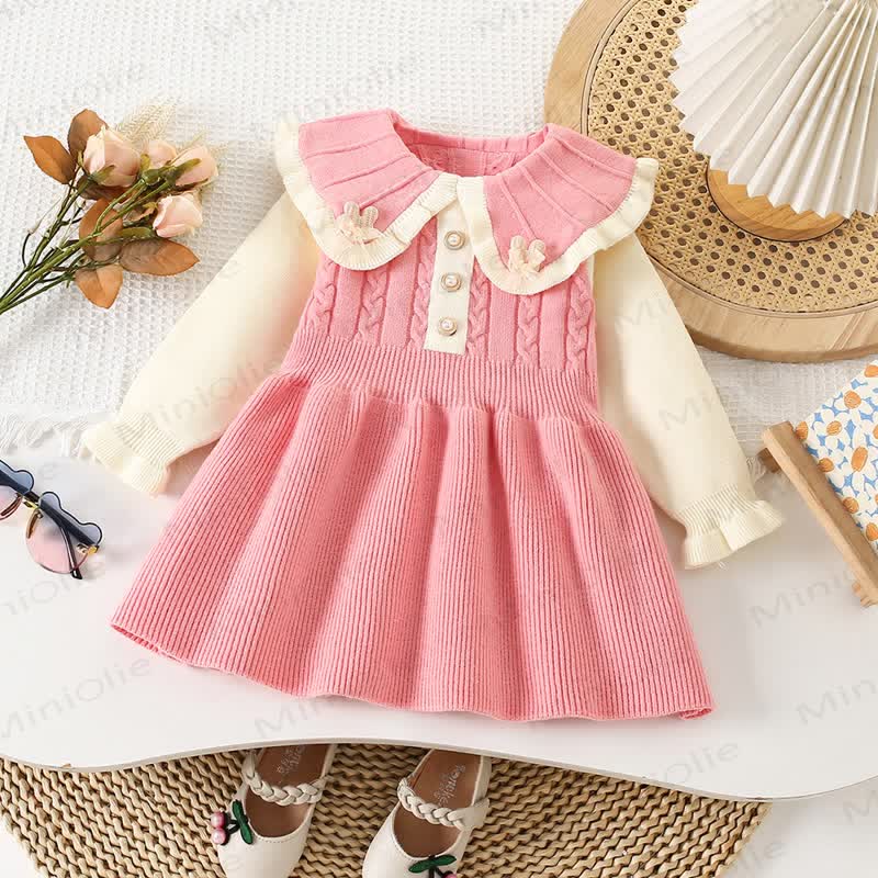 Toddler Girl Flower Lapel Knit Dress - Pink - 8Y - image 3