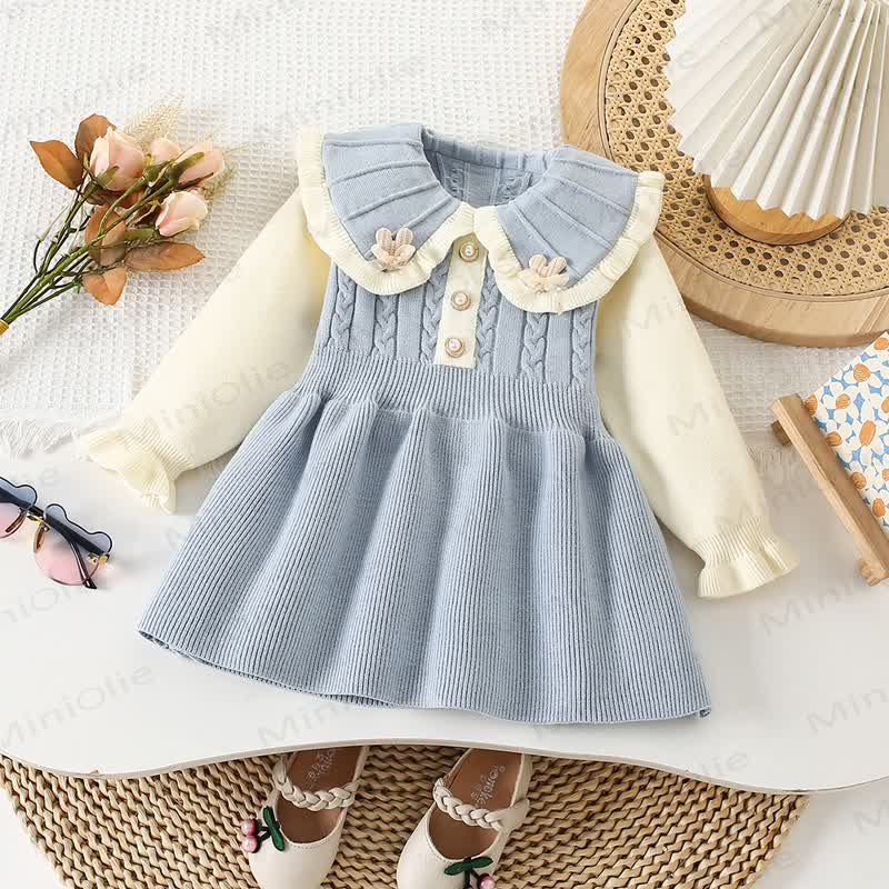 Toddler Girl Flower Lapel Knit Dress - Blue - 8Y - image 2