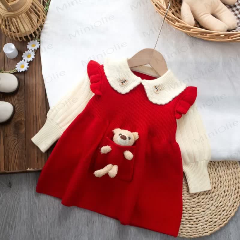 Baby Toddler Girl Bunny Bear Knit Dress - Red - 5-7T - image 1