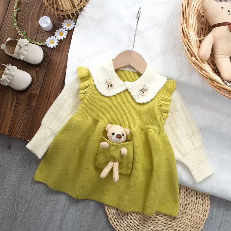 Baby Toddler Girl Bunny Bear Knit Dress - Yellow Green - 5-7T - image 3