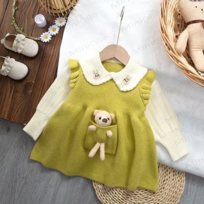 Baby Toddler Girl Bunny Bear Knit Dress - Yellow Green - 5-7T - image 3