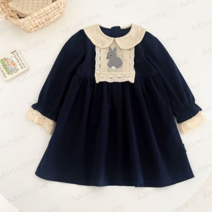 Baby Toddler Girl Embroidered Bunny Dress - Navy Blue - 8Y - image 1