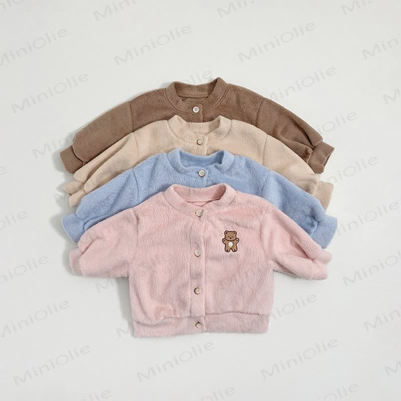 Baby Cartoon Bear Embroidered Solid Color Fleece Warm Outerwear - image 1