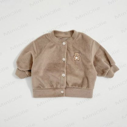 Baby Cartoon Bear Embroidered Solid Color Fleece Warm Outerwear - Brown - 2-3T - image 5