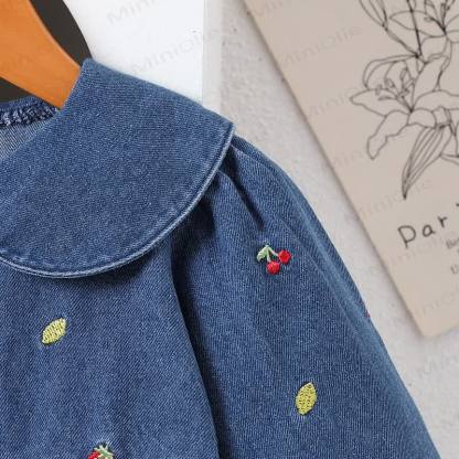 Baby Toddler Girl Embroidered Strawberry Cherry Denim Dress - image 6