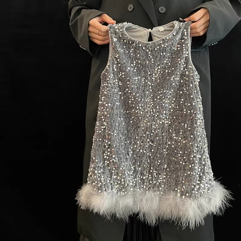 Toddler Kid Girl Sequin Feathers Sleeveless Dress - Grey - 6.5-8T - image 1