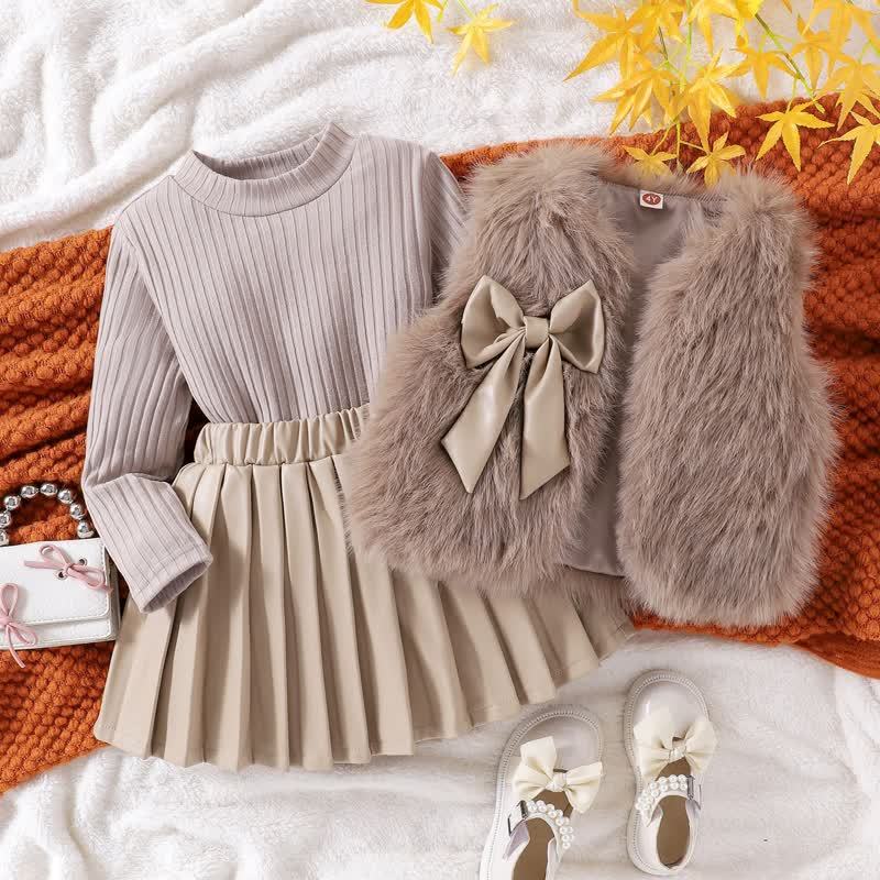 Toddler Kid Girl Solid Color Bow Fur Tank Top & Top & Skirt 3-piece Set - image 2