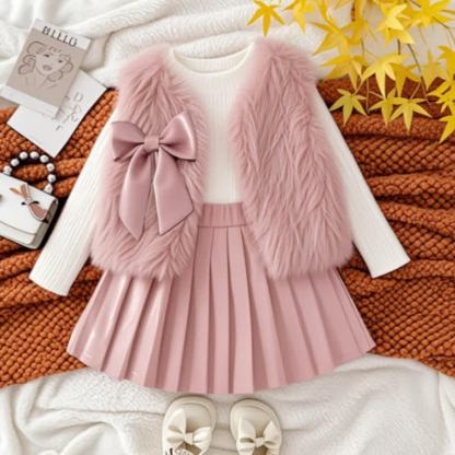 Toddler Kid Girl Solid Color Bow Fur Tank Top & Top & Skirt 3-piece Set - Pink - 7Y - image 4