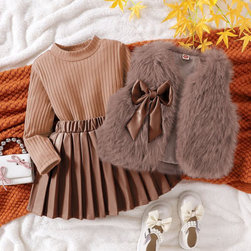 Toddler Kid Girl Solid Color Bow Fur Tank Top & Top & Skirt 3-piece Set - Coffee - 7Y - image 3
