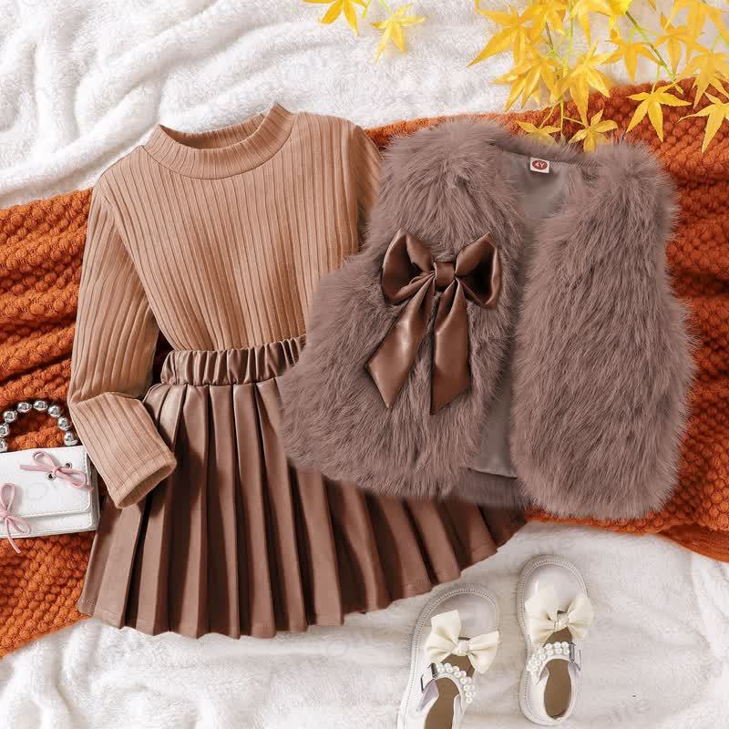 Toddler Kid Girl Solid Color Bow Fur Tank Top & Top & Skirt 3-piece Set - Coffee - 7Y - image 3
