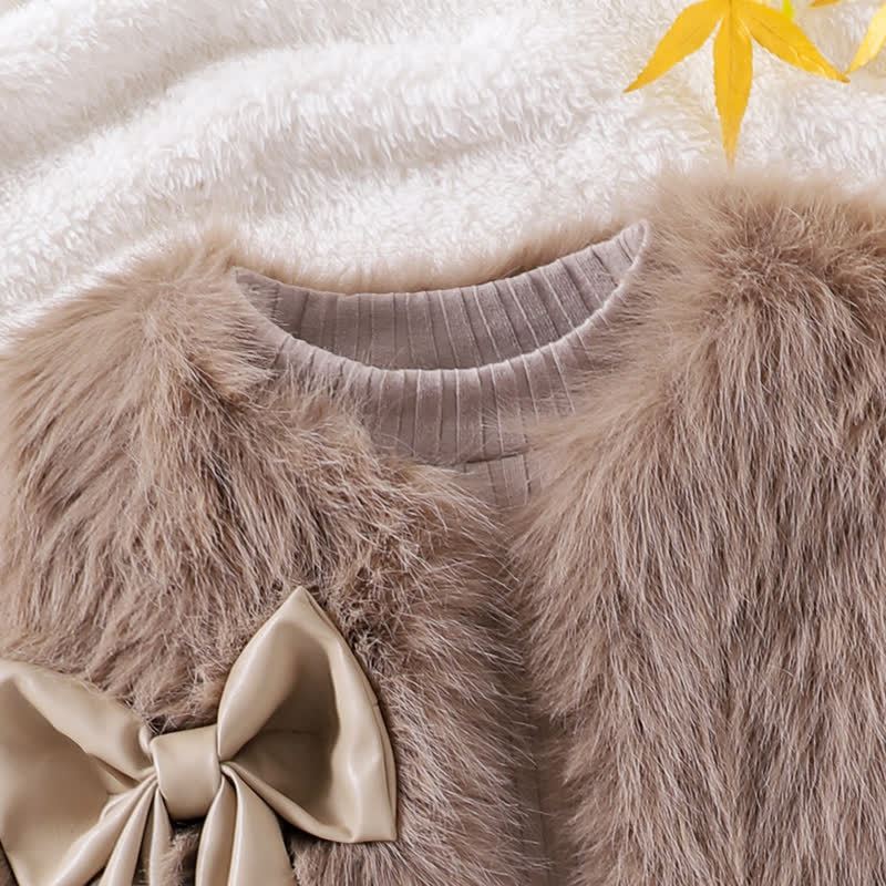 Toddler Kid Girl Solid Color Bow Fur Tank Top & Top & Skirt 3-piece Set - image 6