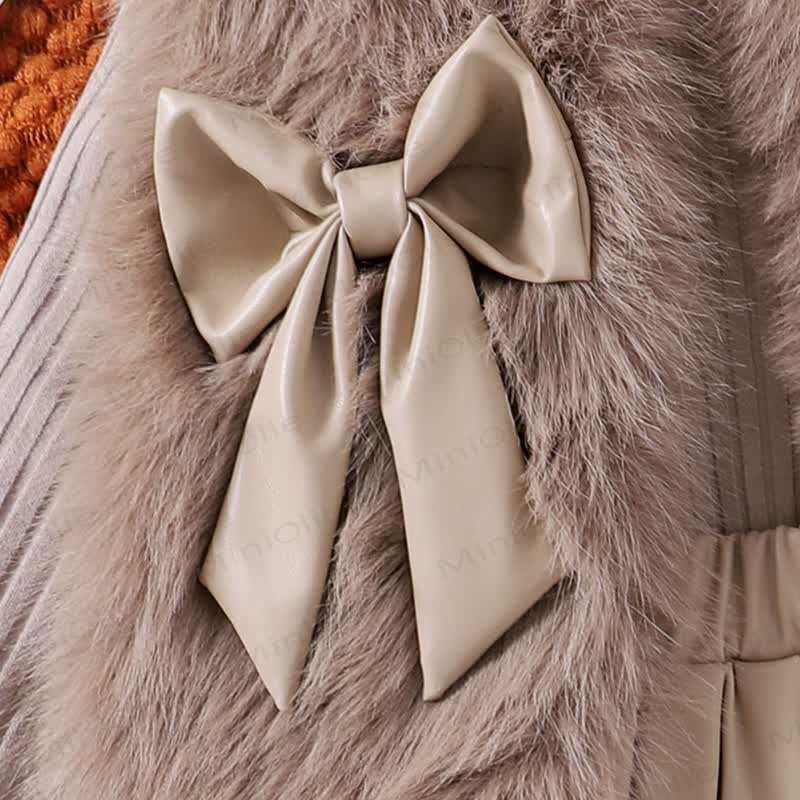 Toddler Kid Girl Solid Color Bow Fur Tank Top & Top & Skirt 3-piece Set - image 7