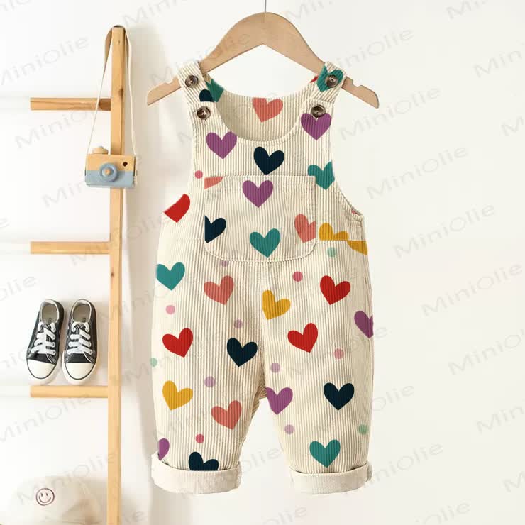 Baby Toddler Colorful Hearts & Polka Dots Beige Corduroy Overalls  - Beige - 3-5T - image 1