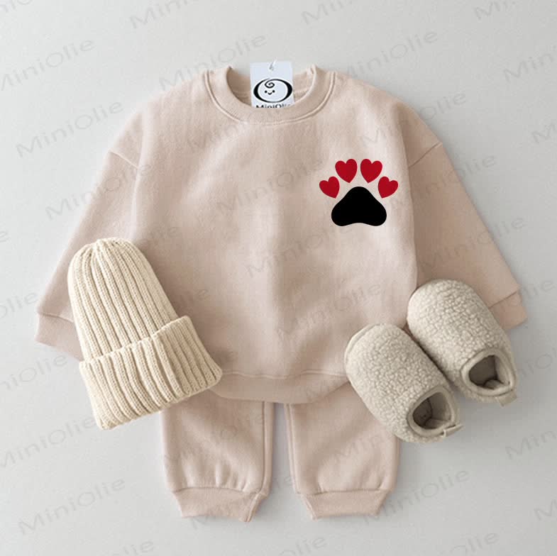 Baby Heart-shaped Dog Paw Prints Sweatshirt 2-piece Beige Set - Beige - 2-3T - image 1