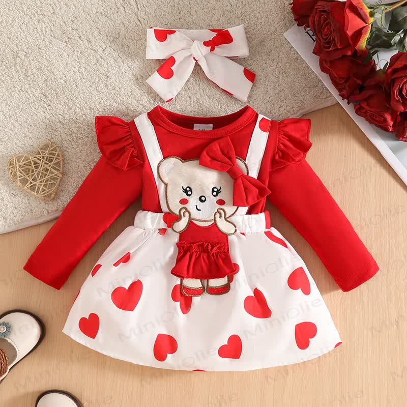 Baby Girl Bow Bear Love Flying Sleeves Suspender Skirt - Red - 18-24M - image 1