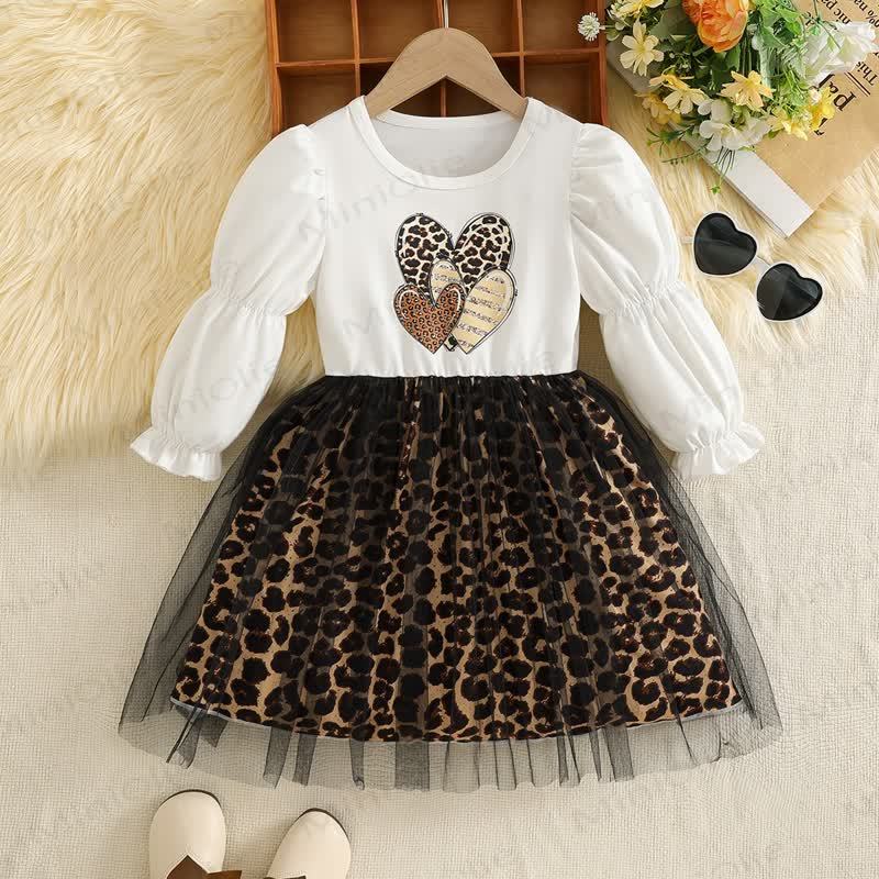 Toddler Kid Girl Love Leopard Print Spliced Yarn Dress - Leopard Print White - 9-10Y - image 1