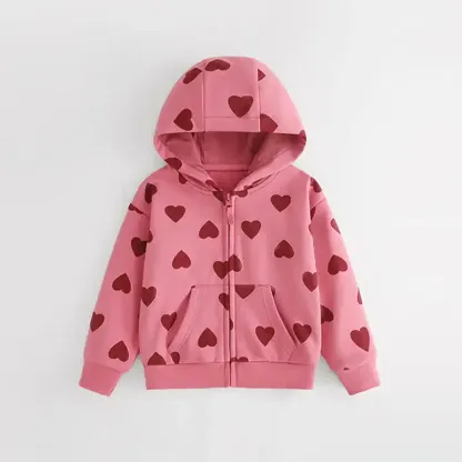 Toddler Girls Heart Print Pink Hooded Outerwear - Pink - 12Y - image 1
