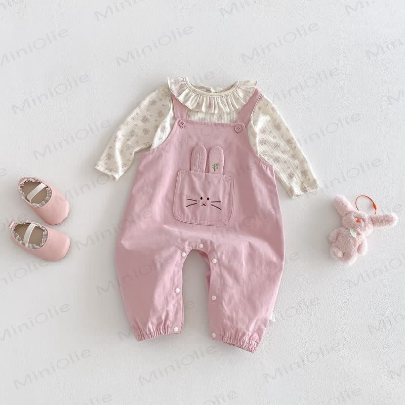Baby Girl Embroidered Bunny Pink Overalls/Beige Flower Top - image 2