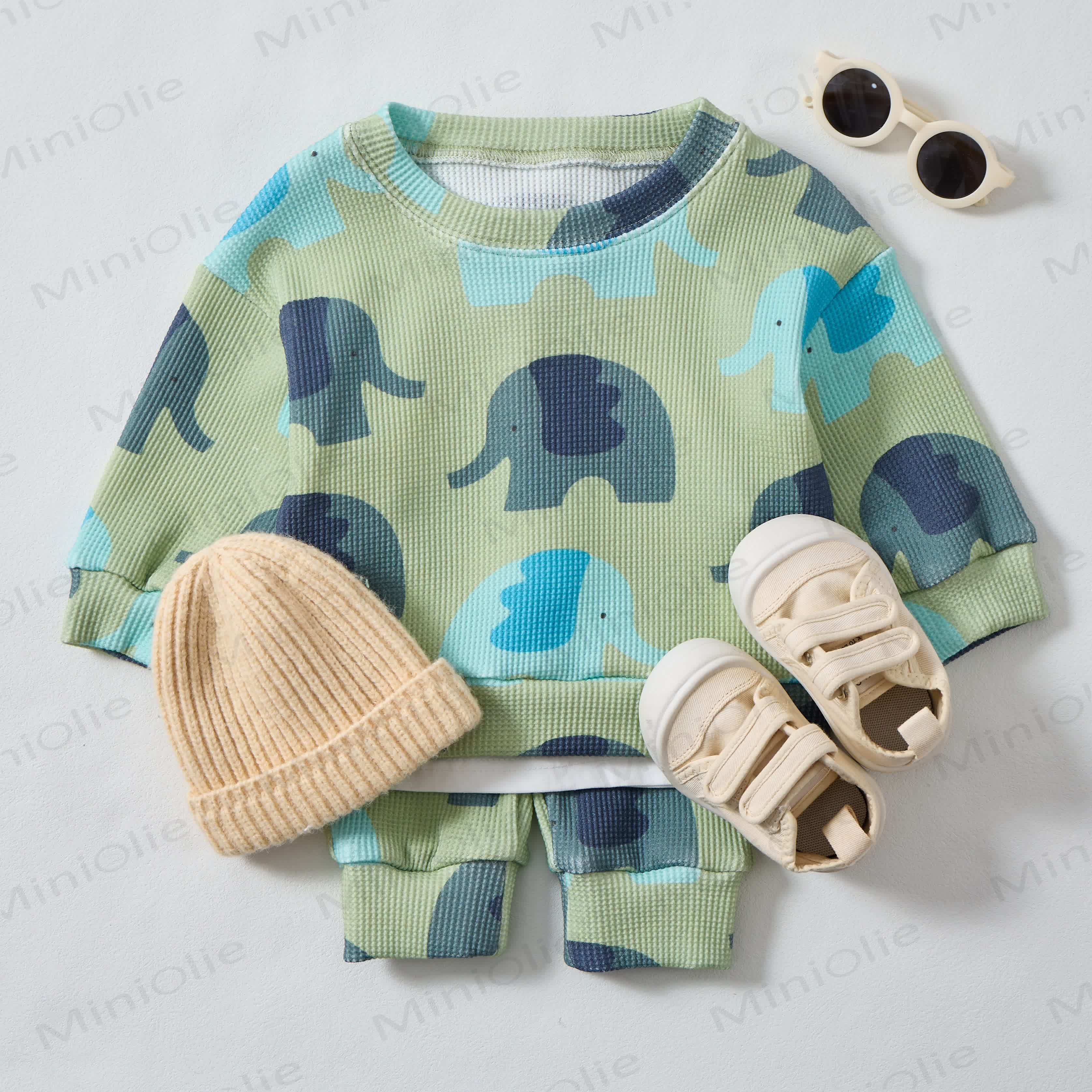 Baby Waffle Blue&Grey Elephant Sweatshirt 2-piece Set - image 2