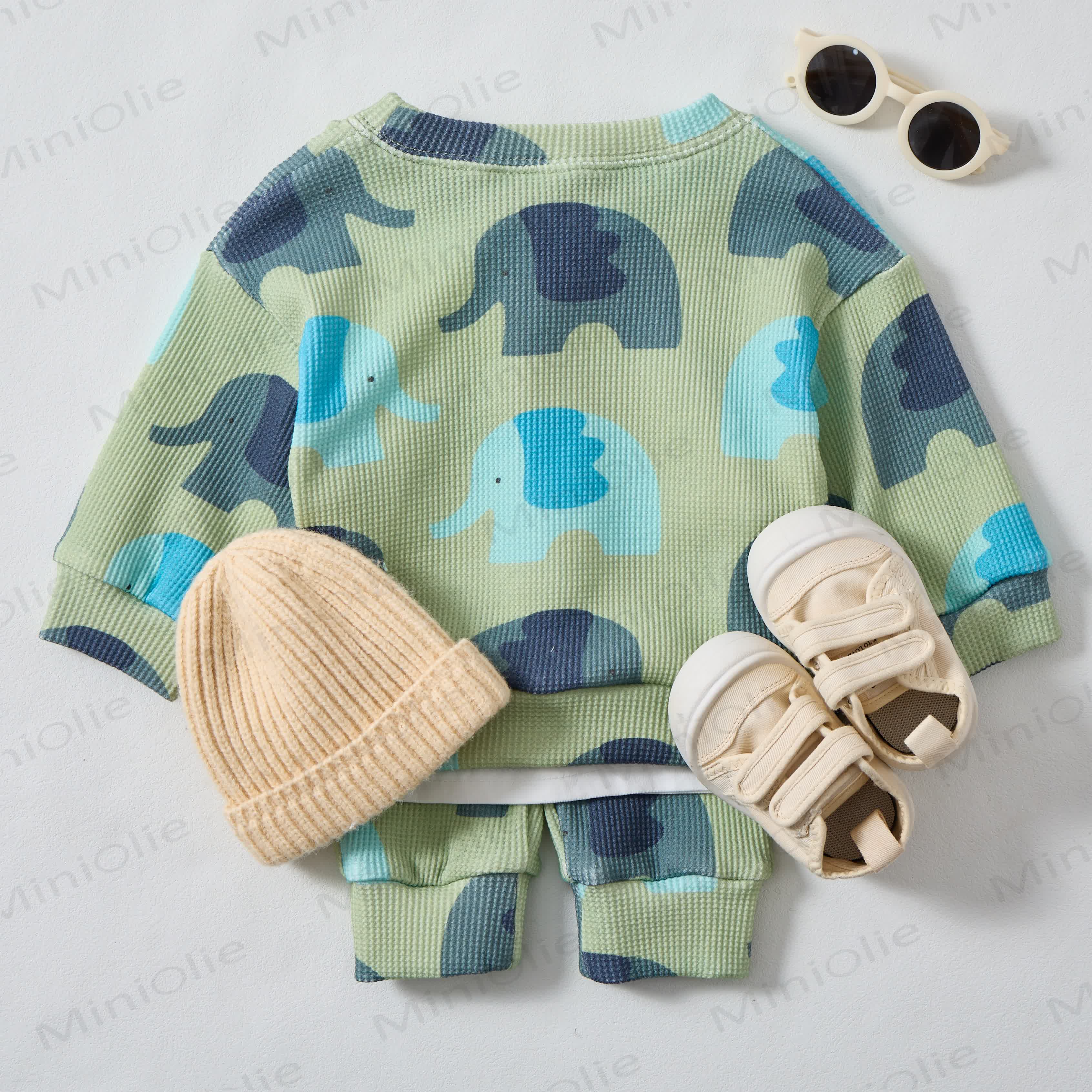 Baby Waffle Blue&Grey Elephant Sweatshirt 2-piece Set - image 7