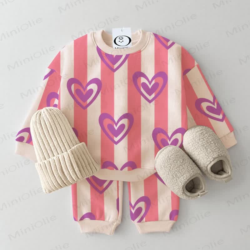  Baby Toddler Hearts Pink Vertical Striped Sweatshirt 2-piece Set - Pink - 3-5T - image 1