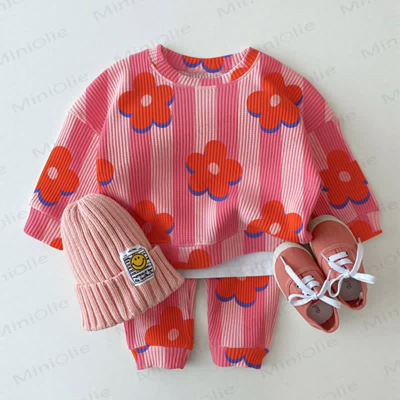 Baby Waffle Flower Pink Vertical Striped Sweatshirt 2-piece Set - Pink - 3-5T - image 1
