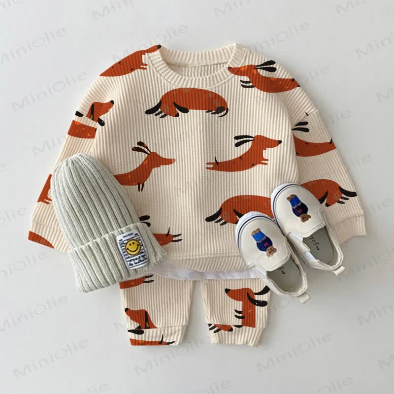 Baby Toddler Funny Dachshund Beige Waffle Sweatshirt 2-piece Set - Beige - 3-5T - image 1