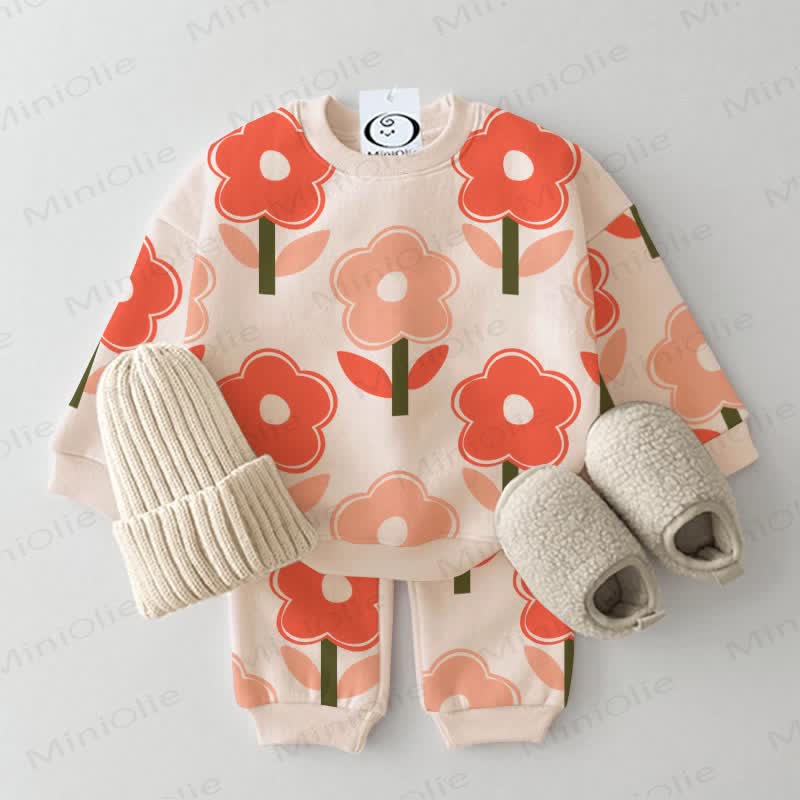 Baby Toddler Flowers Beige Waffle Sweatshirt 2-piece Set - Beige - 3-5T - image 1