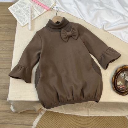 Toddler Girl 3D Bow Solid Color Puff Sleeve Dress - Coffee - 5-6Y - image 2