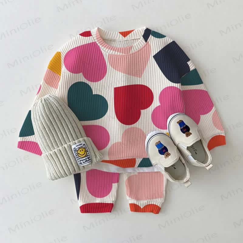 Baby Toddler Colorful Hearts Waffle 2-piece Beige Set - Beige - 3-5T - image 1