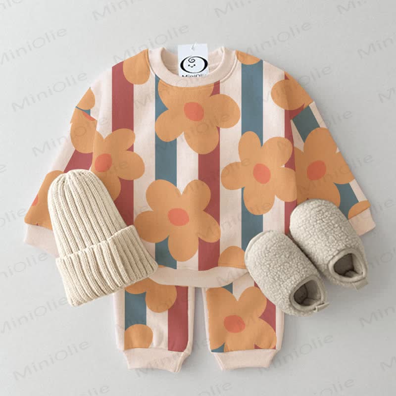 Baby Toddler Waffle Vertical Striped Flowers Sweatshirt 2-piece Set - Beige - 3-5T - image 1