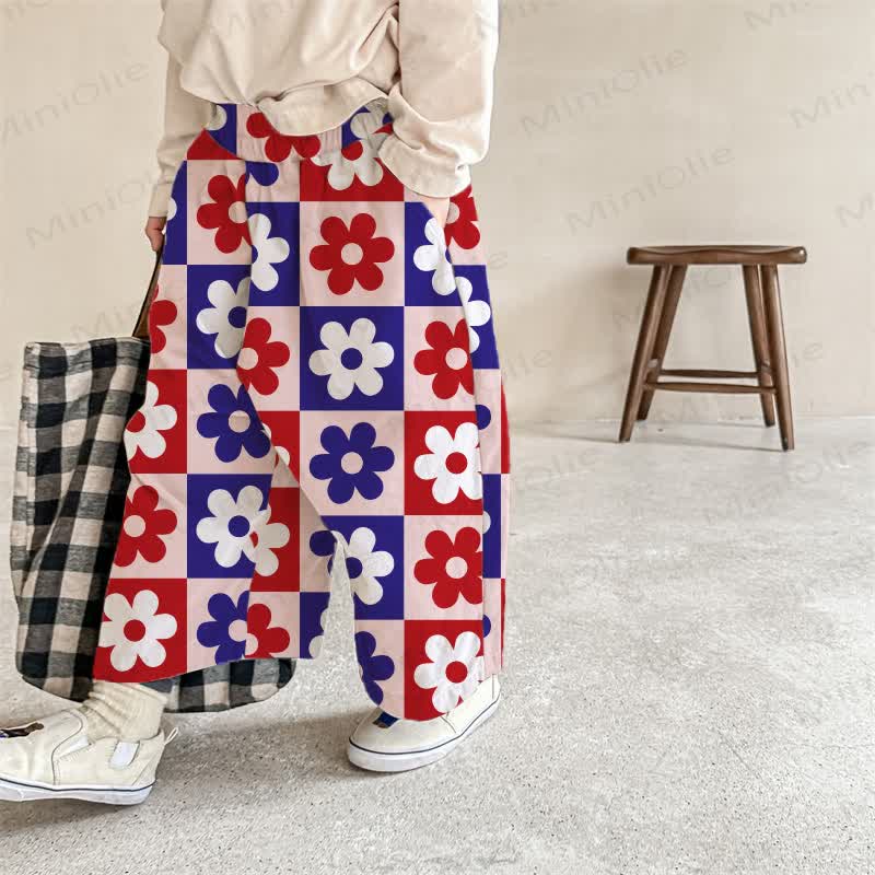 Baby Red&Blue Plaid Floral Casual  Pants - Red&Blue - 2-3T - image 1