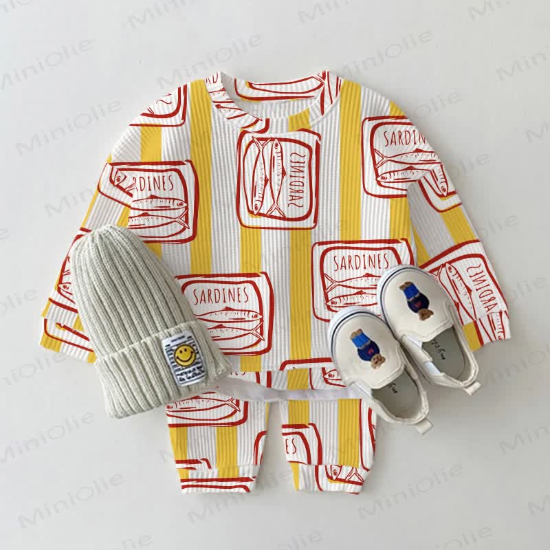 Baby Waffle Canned Sardines Yellow Vertical Striped Sweatshirt 2-piece Set - White - 18-24M - image 1