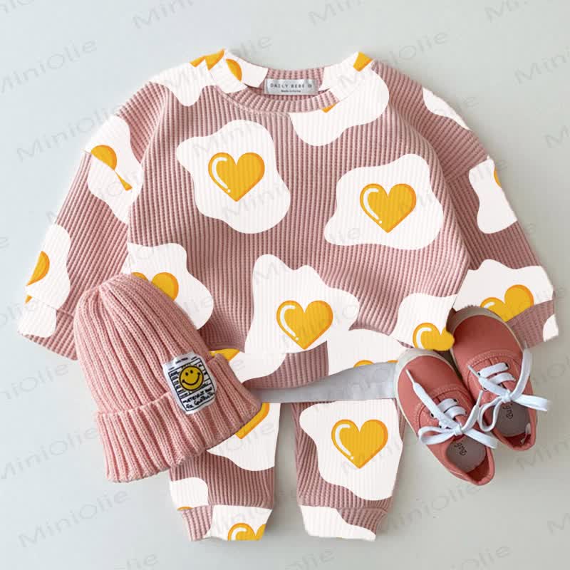 Baby Waffle Heart-shaped Fried Egg Sweatshirt 2-piece Pink Set - Pink - 18-24M - image 1