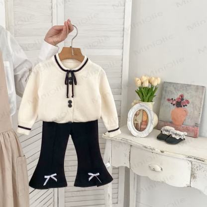Baby Toddler Girl Knit Bow Cardigan/Black Pants/Stripe Pants - image 11