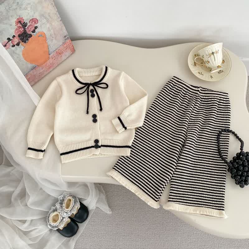 Baby Toddler Girl Knit Bow Cardigan/Black Pants/Stripe Pants - image 1
