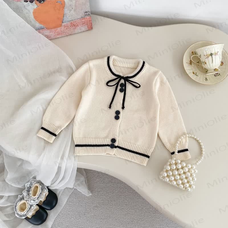 Baby Toddler Girl Knit Bow Cardigan/Black Pants/Stripe Pants - White Cardigan - 5-7T - image 2